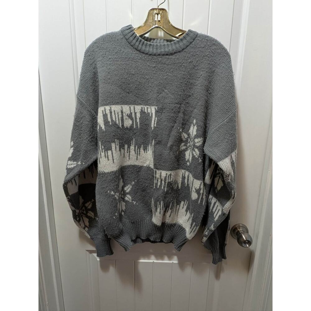 90s Spettro Knit Christmas Sweater Pullover Gray White Snowflake Pattern Sz M
